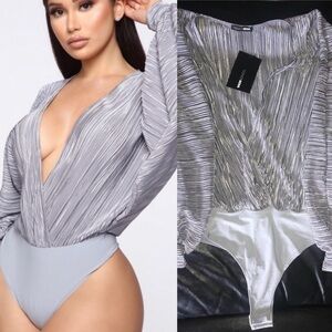 NWT Fashion Nova Silver pleated thong bodysuit